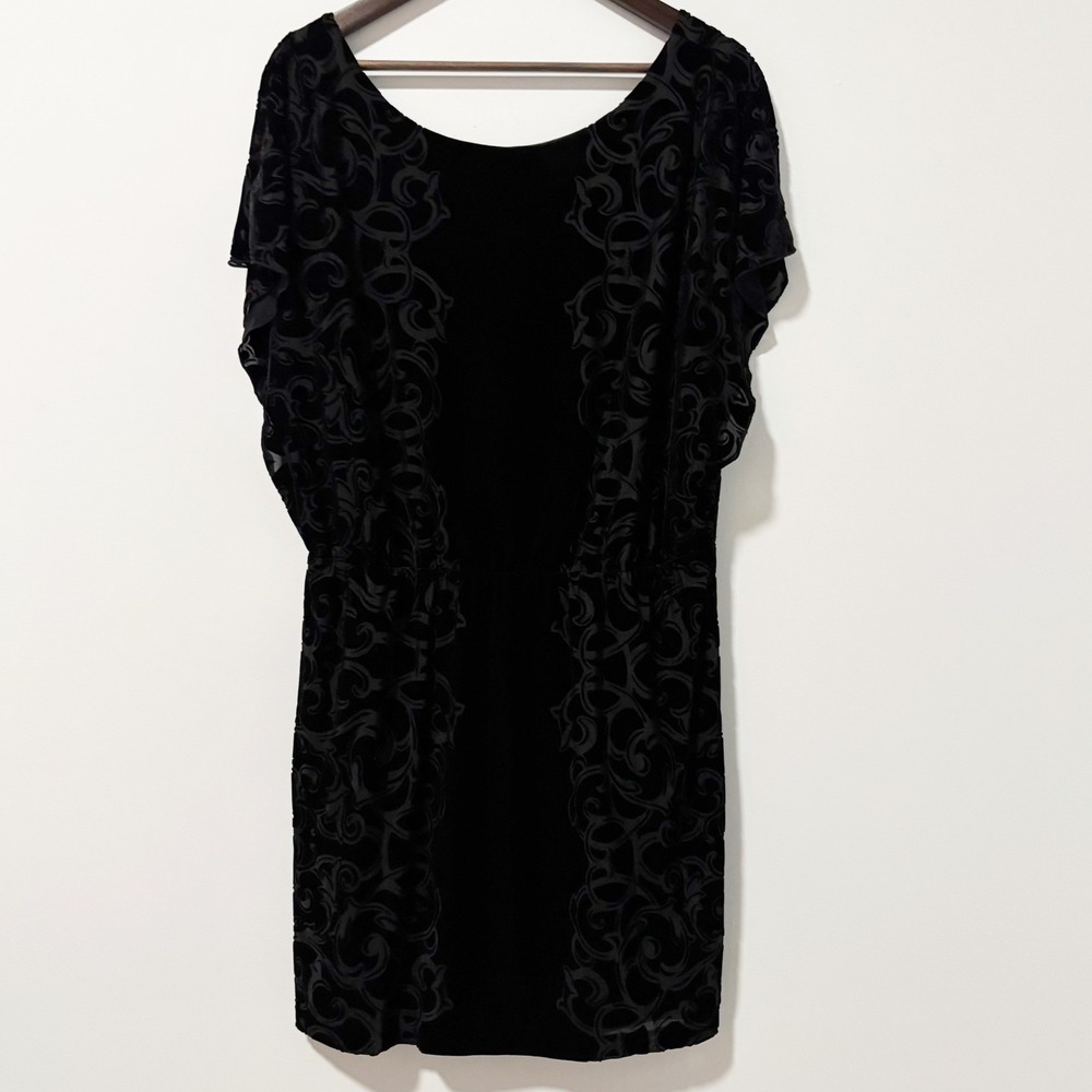 White House Black Market Dress Women L Velvet Burnout Scroll Flutter Sleeves